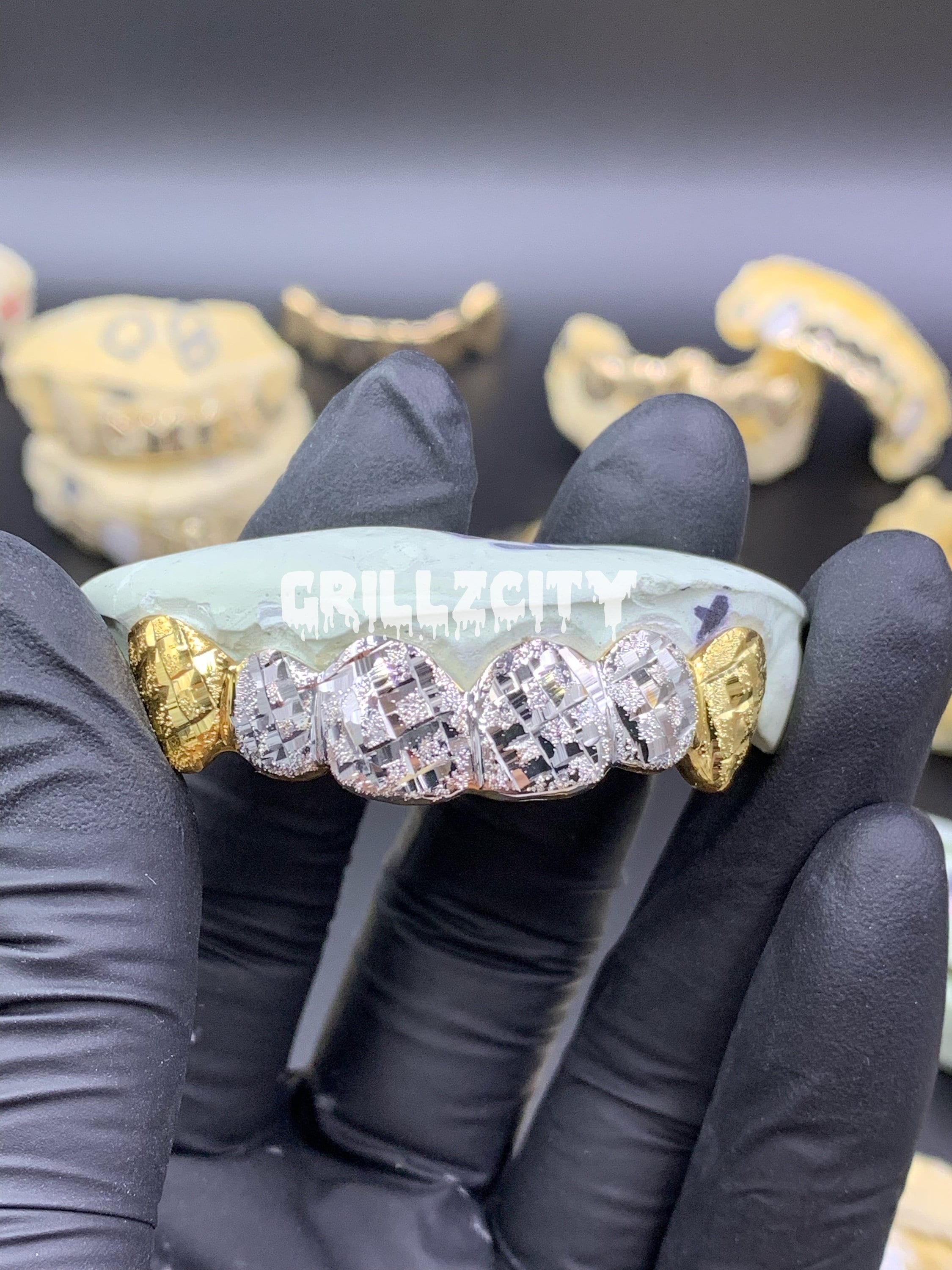 Custom Real 2 color Gold Grillz / 925 Silver Grillz  Diamond dust diamond Cut Custom Grillz with free mold kit and shipping by Grillzcity - GrillzCity 