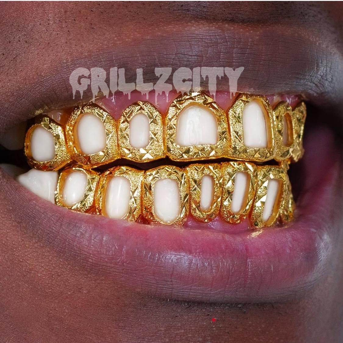 Custom-handmade  White / Yellow  Gold & Silver Custom Grillz Open face Diamond dust cut with FREE MOLD KIT and Free Shipping  - Grillzcity - GrillzCity 