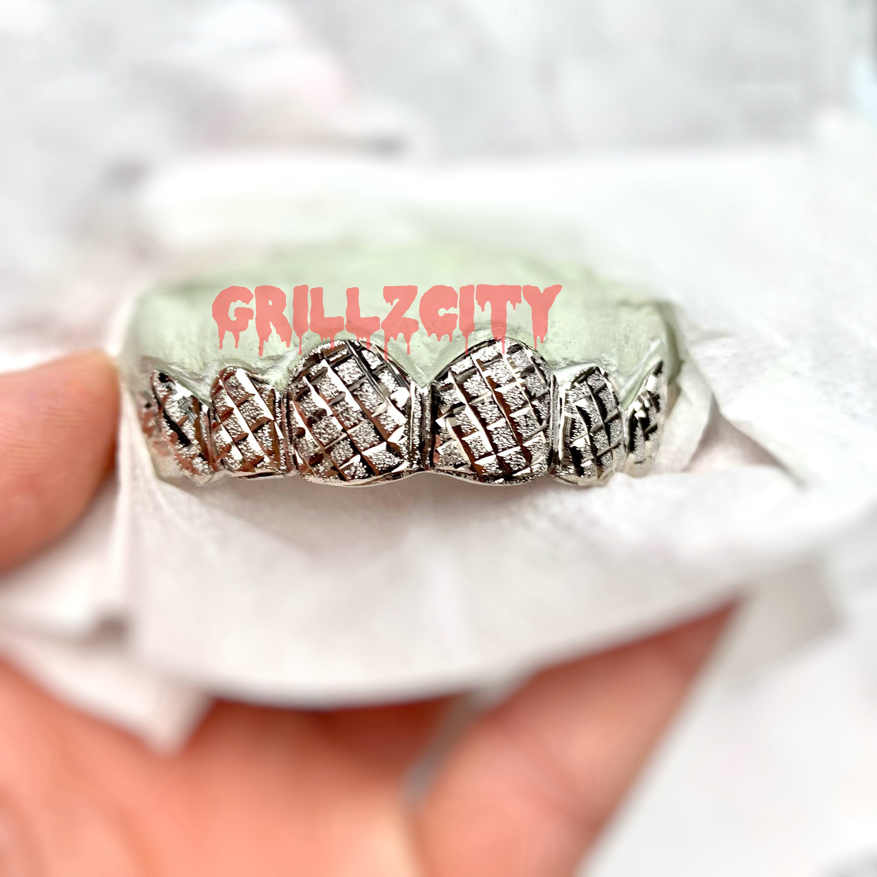 Custom Gold Grillz - 925 Silver Teeth with Diamond Dust Diamond Cut - GrillzCity 