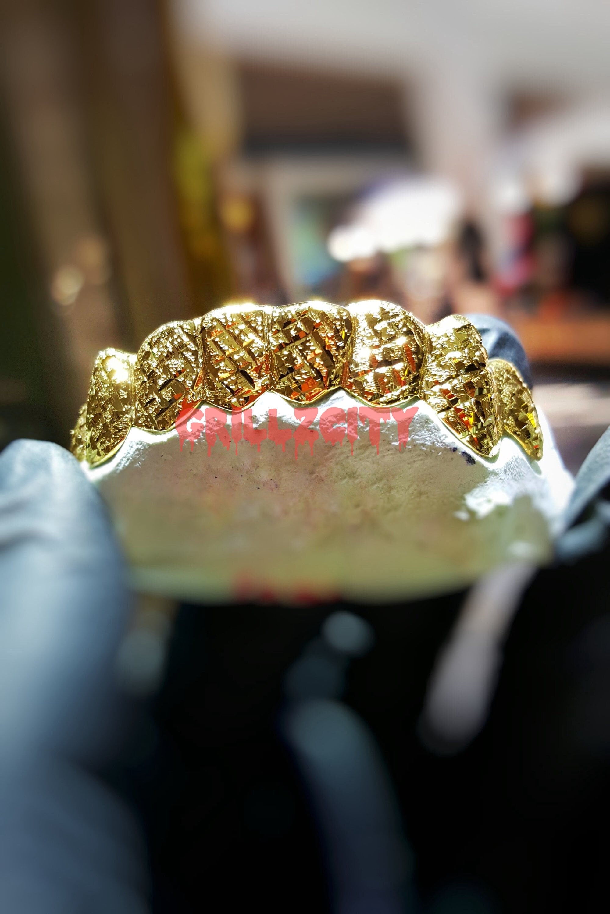 Custom Gold Grillz - 925 Silver Teeth with Diamond Dust Diamond Cut - GrillzCity 