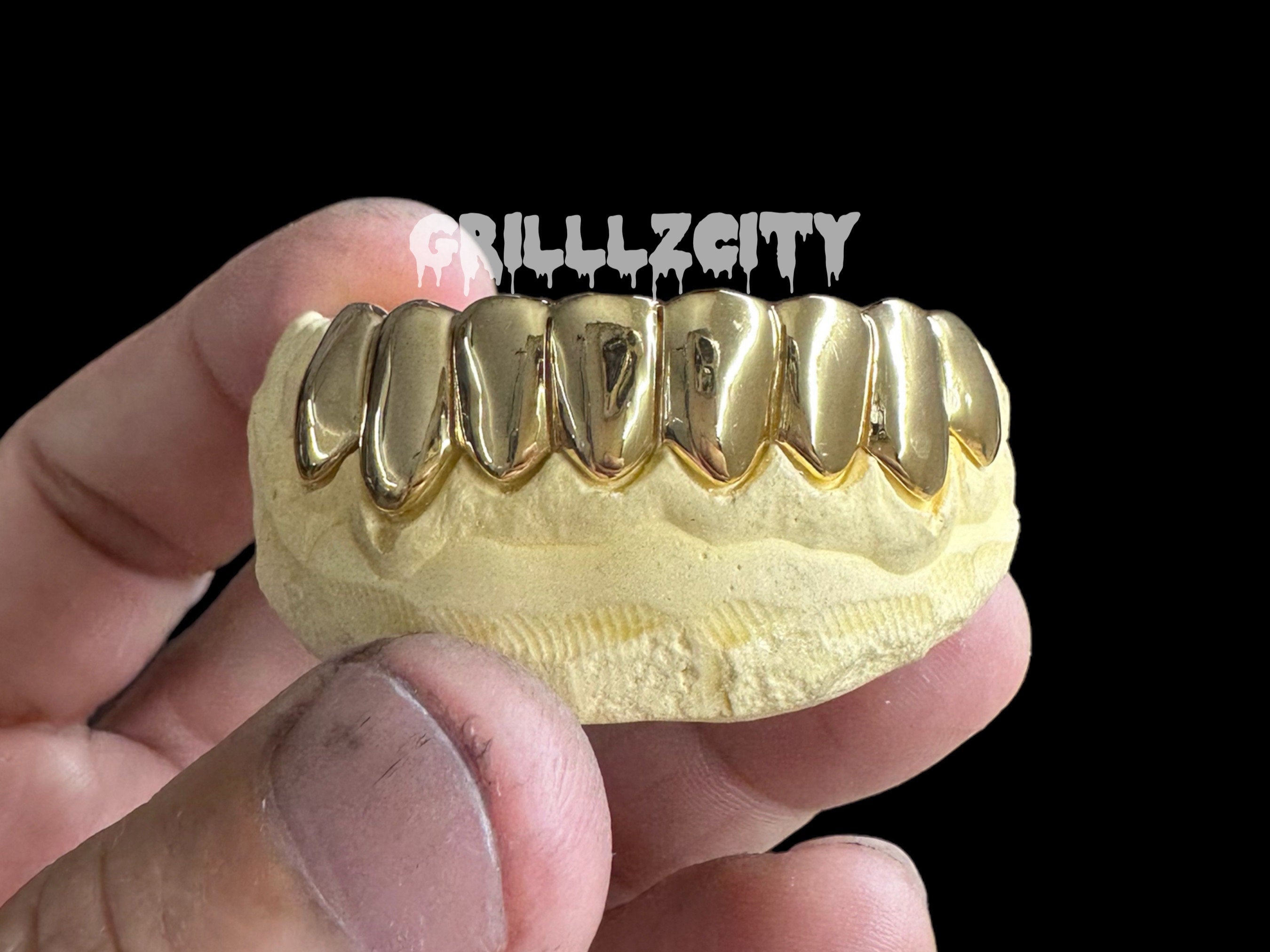 Custom solid 10K - 14K REAL Gold Teeth Grillz / 925 Silver Grillz, Permanent Cut / Deep Cut Grillz with free mold kit and shipping included - GrillzCity 